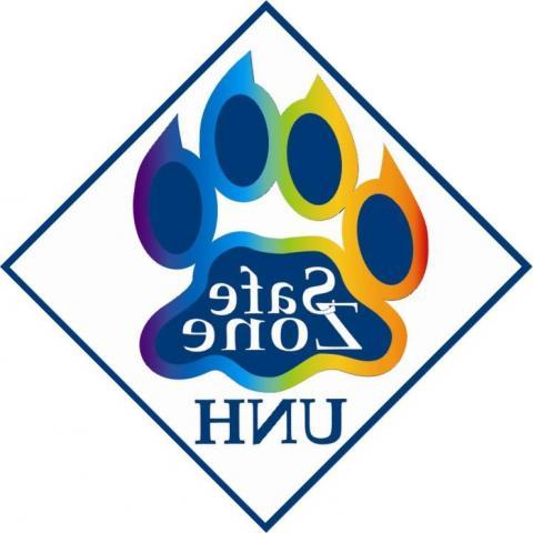 The Safe Zones sticker features a rainbow UNH wildcat paw with the words Safe Zone and UNH.