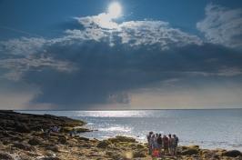 阳光透过云层，一群学生站在海边长满海藻的岩石海岸线上.